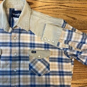VTG Wrangler Brushpopper Shirt L/XL Plaid Heavy Cowboy Western Pearl Snap yoke